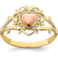 14K Two-Tone Gold Heart Ring with Floral Detailing and Tapered Band by Oro Pregiato