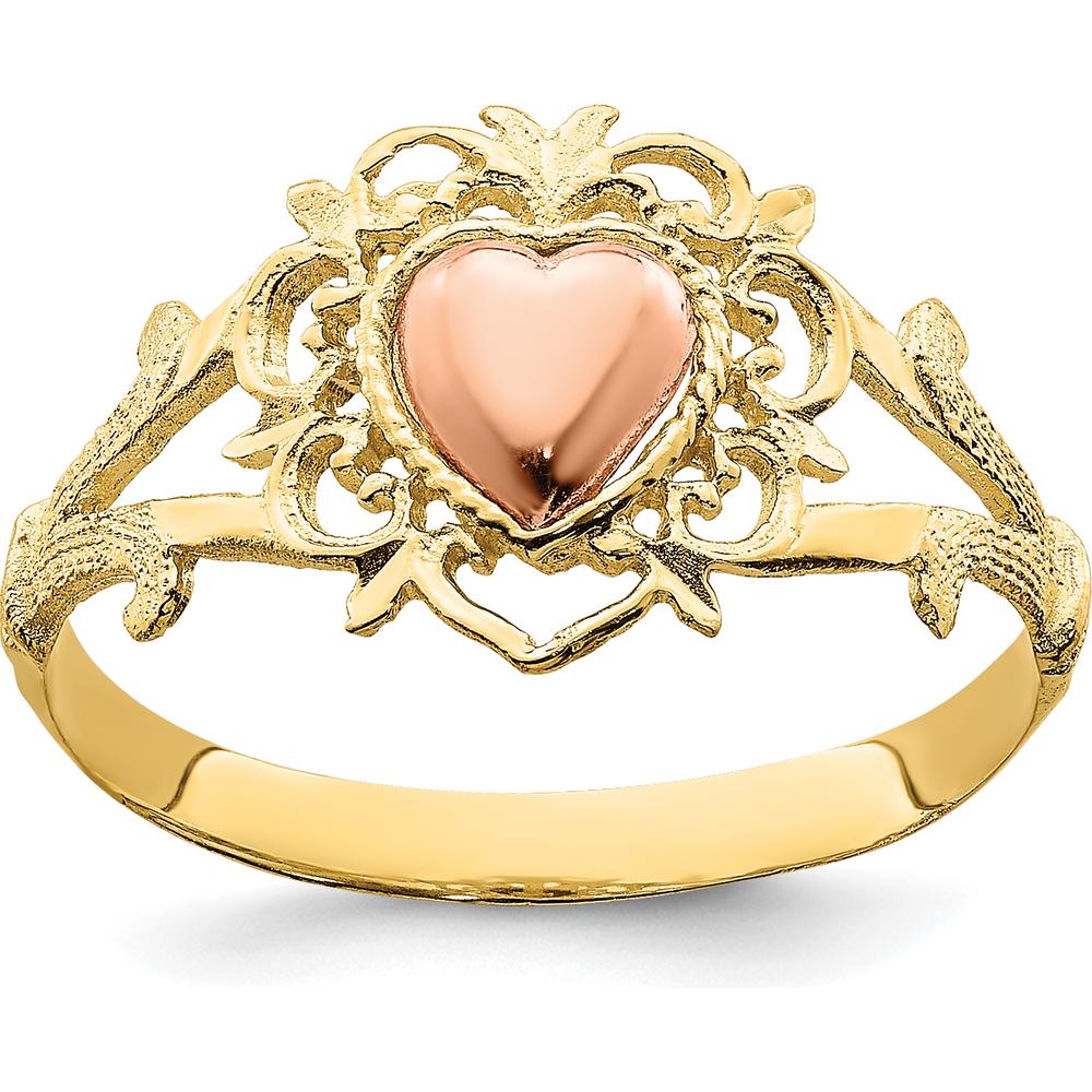 14K Two-Tone Gold Heart Ring with Floral Detailing and Tapered Band by Oro Pregiato