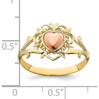 14K Two-Tone Gold Heart Ring with Floral Detailing and Tapered Band by Oro Pregiato