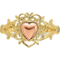 14K Two-Tone Gold Heart Ring with Floral Detailing and Tapered Band by Oro Pregiato