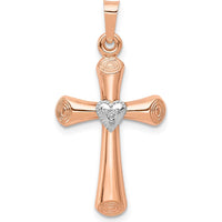 14K Two-Tone Gold Heart-Shaped Diamond Cross Pendant with Polished Finish - 0.05 Carat Diamond Weight by Monteluci Fine Jewelry
