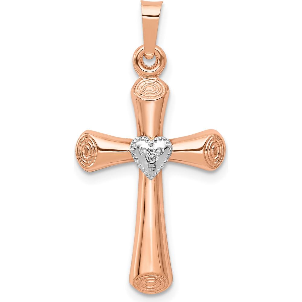 14K Two-Tone Gold Heart-Shaped Diamond Cross Pendant with Polished Finish - 0.05 Carat Diamond Weight by Monteluci Fine Jewelry