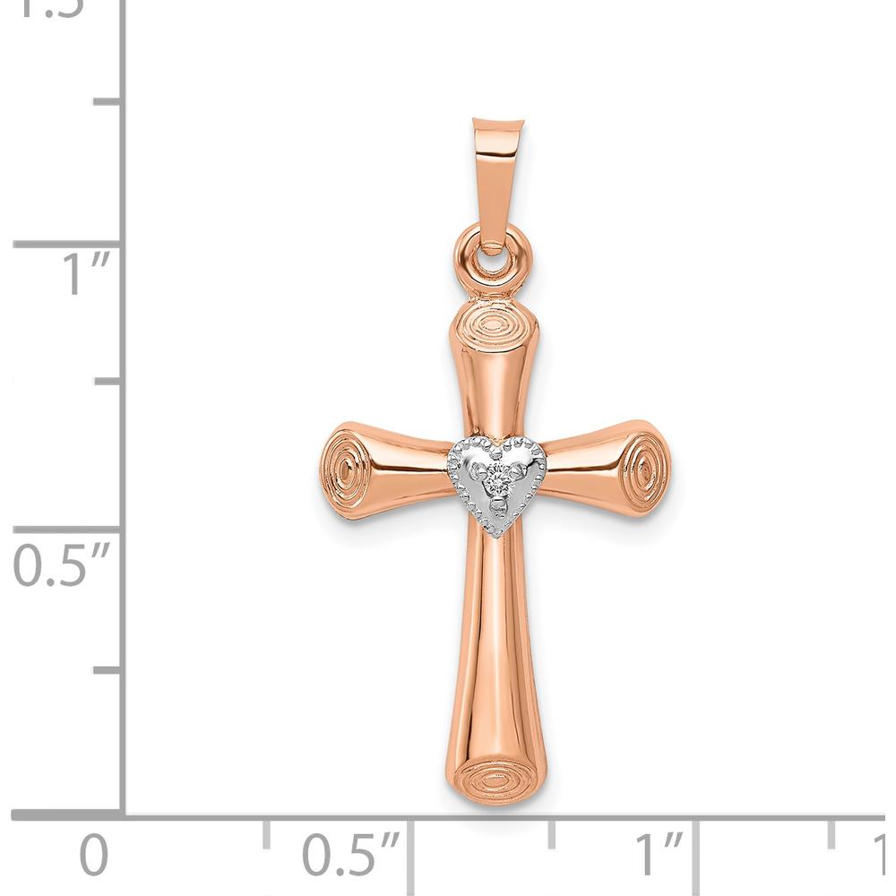 14K Two-Tone Gold Heart-Shaped Diamond Cross Pendant with Polished Finish - 0.05 Carat Diamond Weight by Monteluci Fine Jewelry