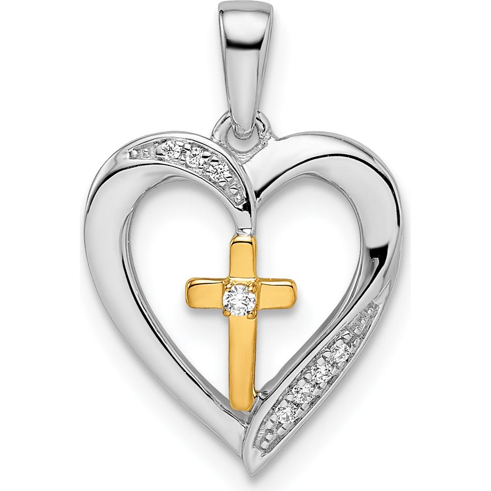 14K Two-Tone Gold Heart with Cross Diamond Pendant - 0.0175 Carat Total Diamond Weight by Oro Pregiato