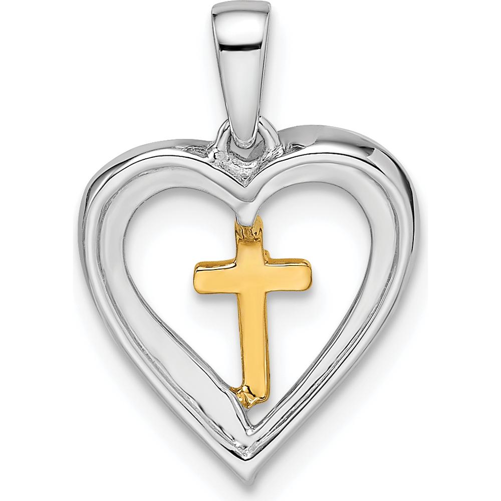 14K Two-Tone Gold Heart with Cross Diamond Pendant - 0.0175 Carat Total Diamond Weight by Oro Pregiato