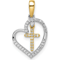 14K Two-Tone Gold Heart with Cross Pendant - 1/8 Carat Round Diamond Accent by Oro Pregiato