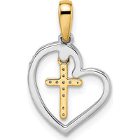 14K Two-Tone Gold Heart with Cross Pendant - 1/8 Carat Round Diamond Accent by Oro Pregiato