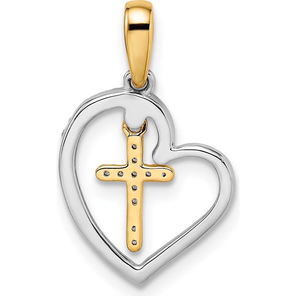 14K Two-Tone Gold Heart with Cross Pendant - 1/8 Carat Round Diamond Accent by Oro Pregiato