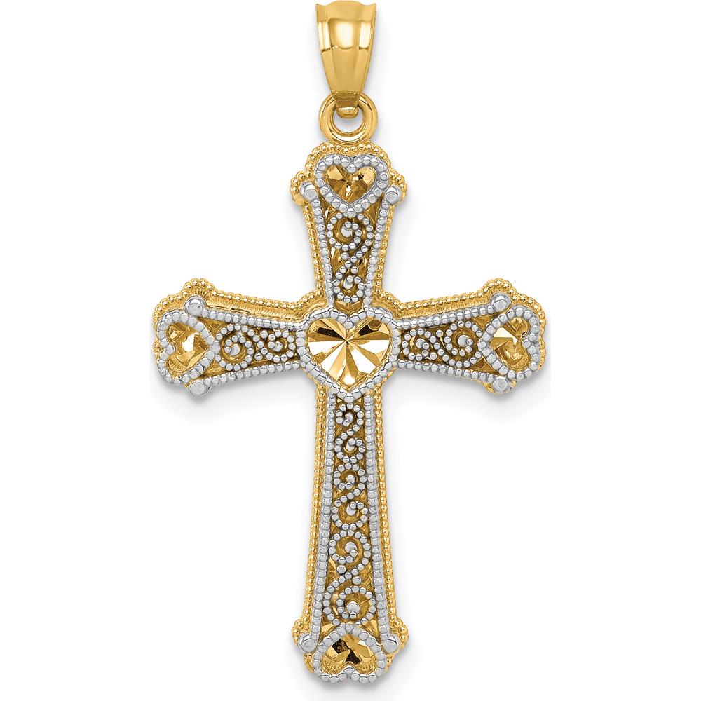 14K Two-Tone Gold Hearts Cross Pendant with Milgrain Detailing - Faith and Love Symbol by Oro Pregiato