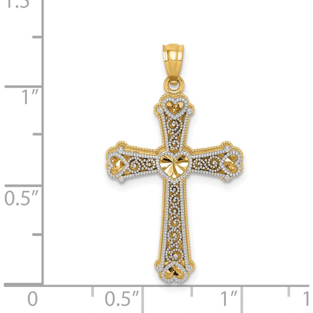 14K Two-Tone Gold Hearts Cross Pendant with Milgrain Detailing - Faith and Love Symbol by Oro Pregiato