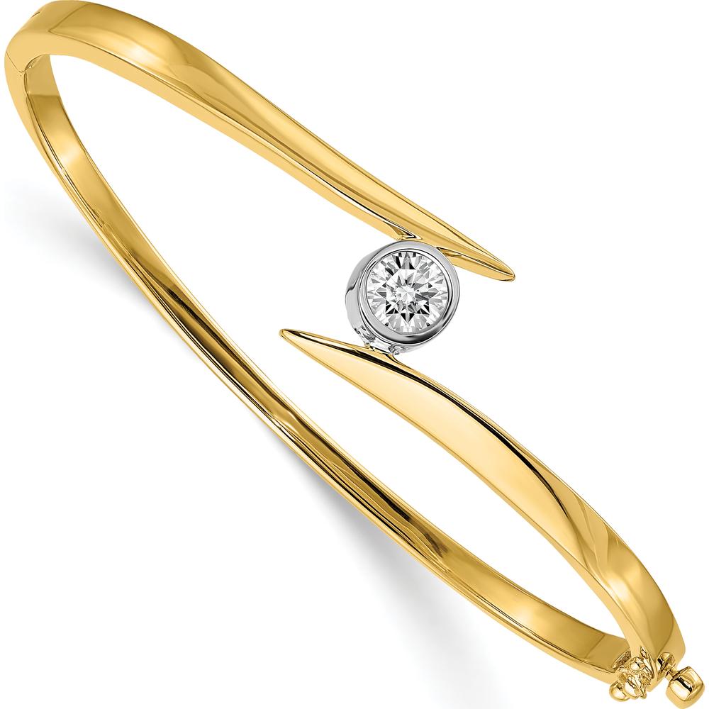 14K Two-Tone Gold Hinged Oval Bangle Bracelet with 0.75 Carat Round Center Stone Bezel Mounting by Oro Pregiato