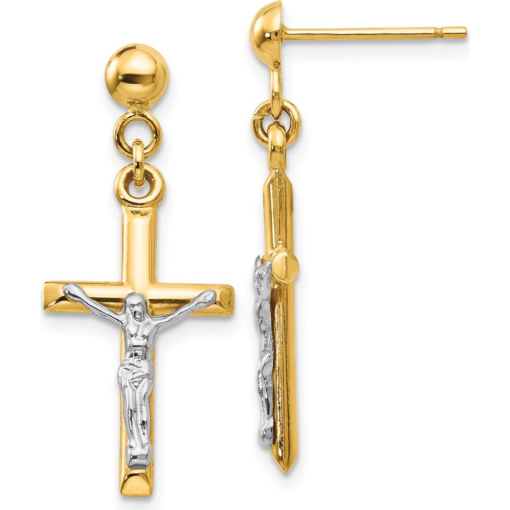 14K Two-Tone Gold Hollow Crucifix Drop Earrings with Polished Finish by 0