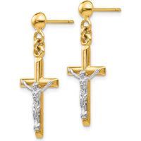 14K Two-Tone Gold Hollow Crucifix Drop Earrings with Polished Finish by 0