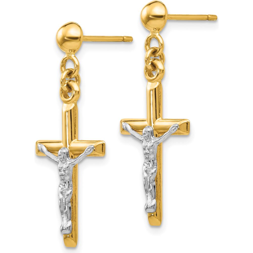 14K Two-Tone Gold Hollow Crucifix Drop Earrings with Polished Finish by 0