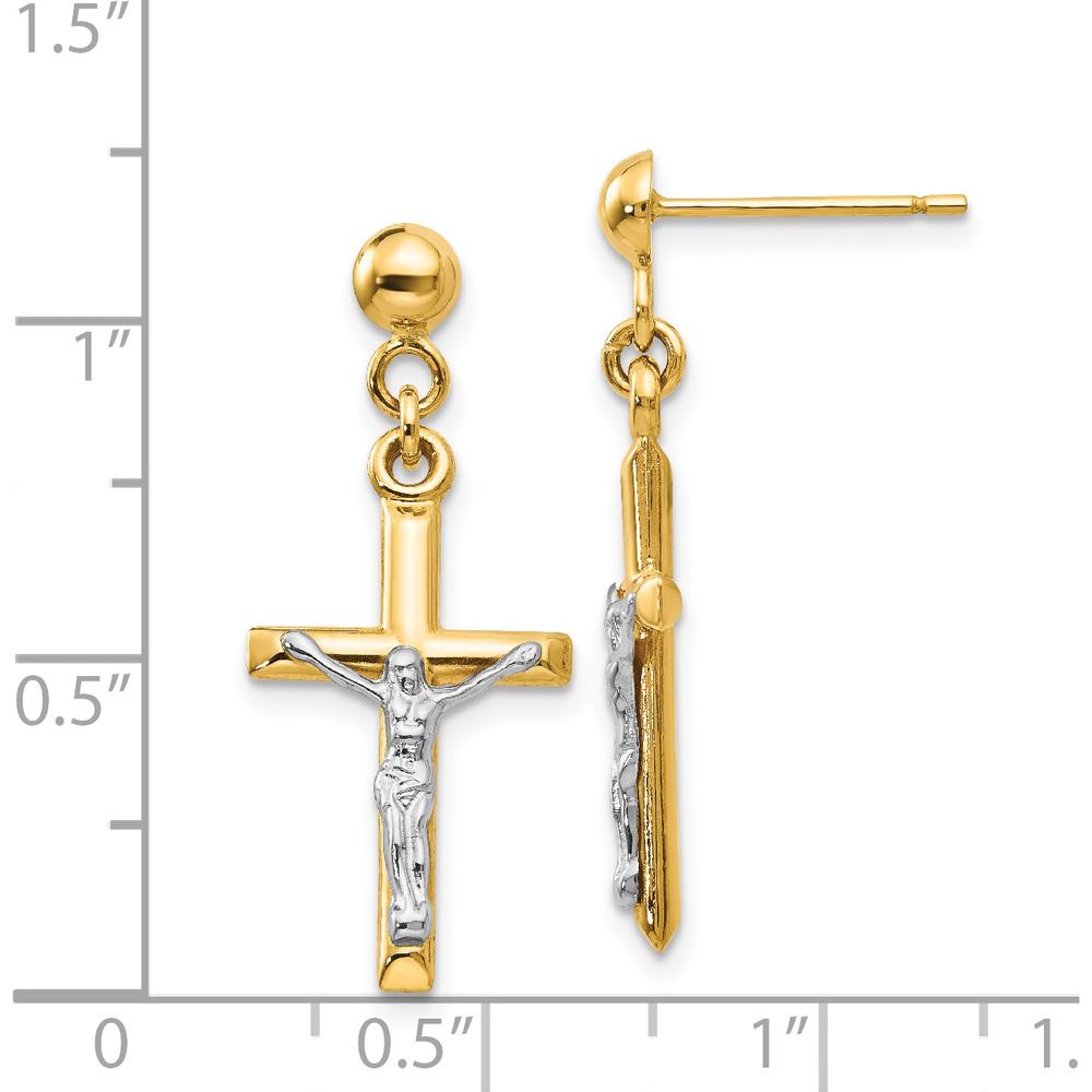 14K Two-Tone Gold Hollow Crucifix Drop Earrings with Polished Finish by 0