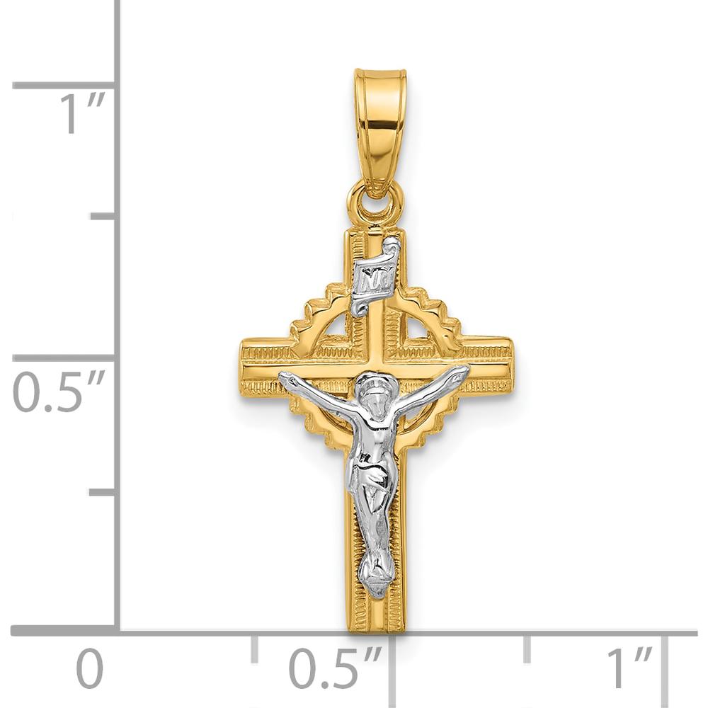 14K Two-Tone Gold Hollow INRI Iona Crucifix Pendant with Rhodium Finish - 24.9mm Length by Oro Pregiato