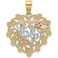 14K Two-Tone Gold "I Love You" Filigree Heart Charm with Rose Tone Flowers by Oro Pregiato