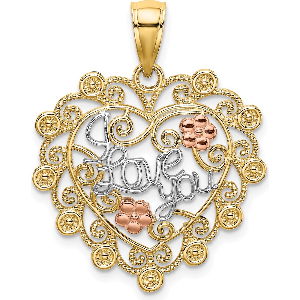 14K Two-Tone Gold "I Love You" Filigree Heart Charm with Rose Tone Flowers by Oro Pregiato