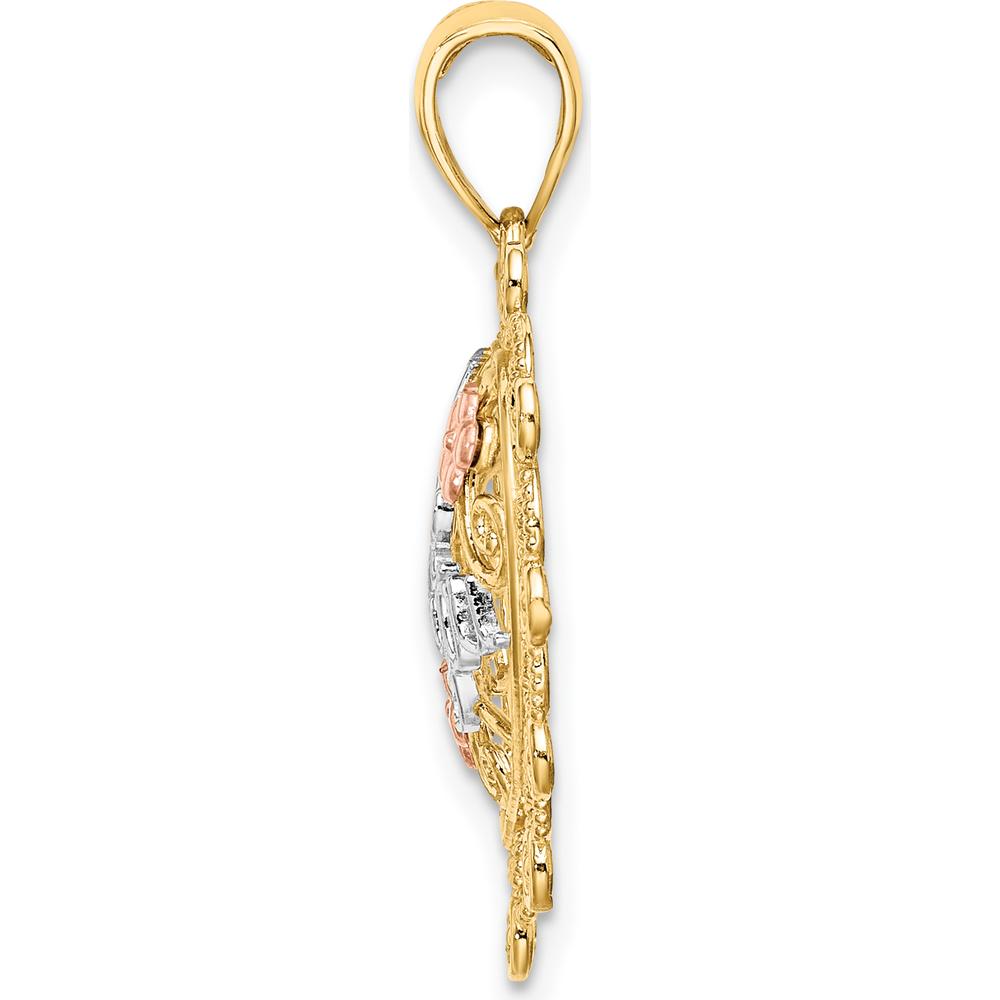 14K Two-Tone Gold "I Love You" Filigree Heart Charm with Rose Tone Flowers by Oro Pregiato