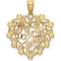 14K Two-Tone Gold "I Love You" Filigree Heart Charm with Rose Tone Flowers by Oro Pregiato