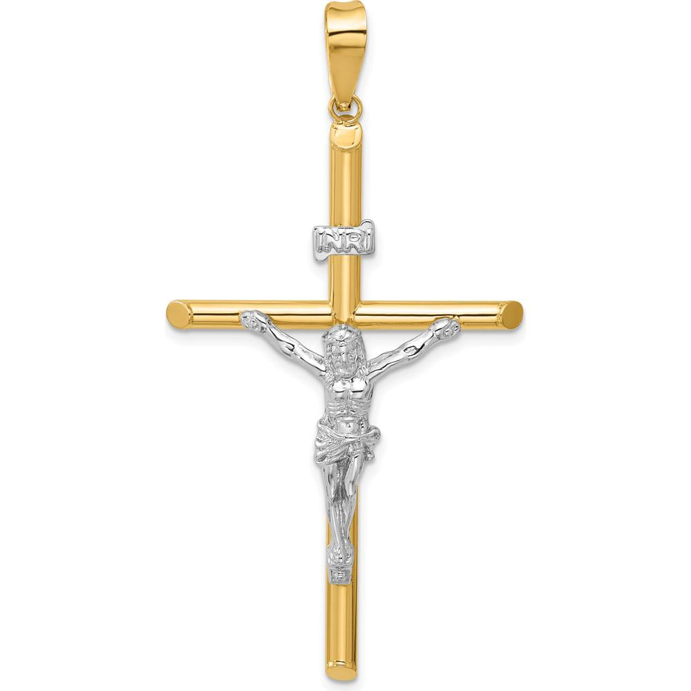 14K Two-Tone Gold INRI Crucifix Pendant - Polished Design - 62.5mm Length by Oro Pregiato