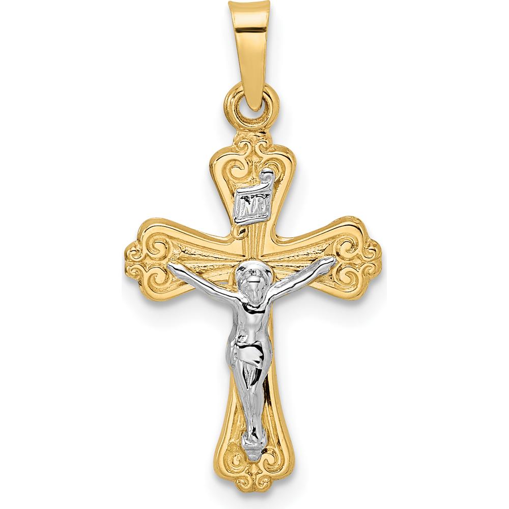 14K Two-Tone Gold INRI Crucifix Pendant with Polished Finish and Textured Detail - 20mm Length by Oro Pregiato