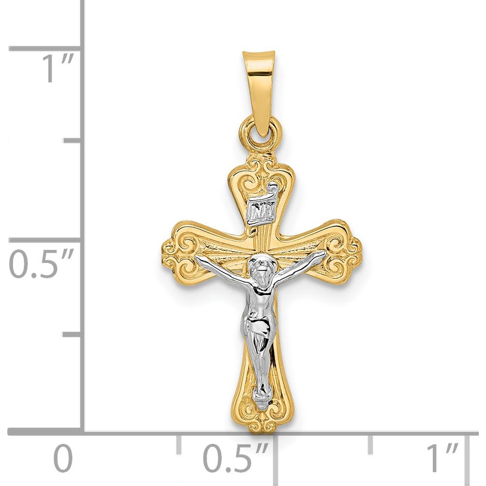 14K Two-Tone Gold INRI Crucifix Pendant with Polished Finish and Textured Detail - 20mm Length by Oro Pregiato
