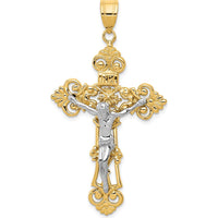 14K Two-Tone Gold INRI Fleur De Lis Crucifix Pendant - 57mm by Oro Pregiato