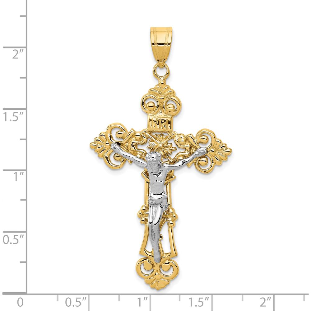 14K Two-Tone Gold INRI Fleur De Lis Crucifix Pendant - 57mm by Oro Pregiato