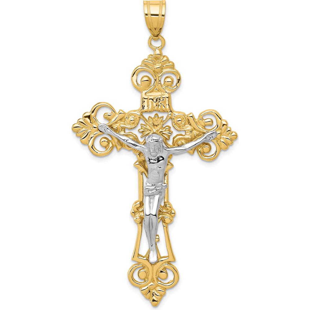14K Two-Tone Gold INRI Fleur De Lis Crucifix Pendant - 68mm x 36mm by Oro Pregiato