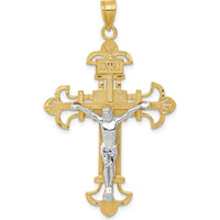 14K Two-Tone Gold INRI Fleur de Lis Crucifix Pendant with Detailed Jesus Figure - 48mm Length by Oro Pregiato