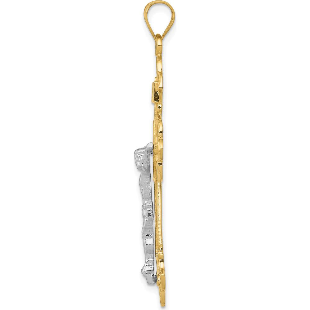 14K Two-Tone Gold INRI Fleur de Lis Crucifix Pendant with Detailed Jesus Figure - 48mm Length by Oro Pregiato