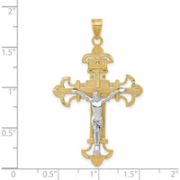 14K Two-Tone Gold INRI Fleur de Lis Crucifix Pendant with Detailed Jesus Figure - 48mm Length by Oro Pregiato