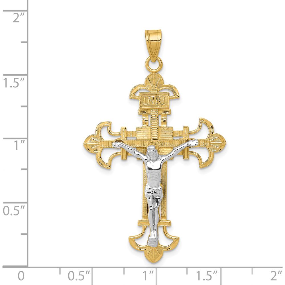 14K Two-Tone Gold INRI Fleur de Lis Crucifix Pendant with Detailed Jesus Figure - 48mm Length by Oro Pregiato