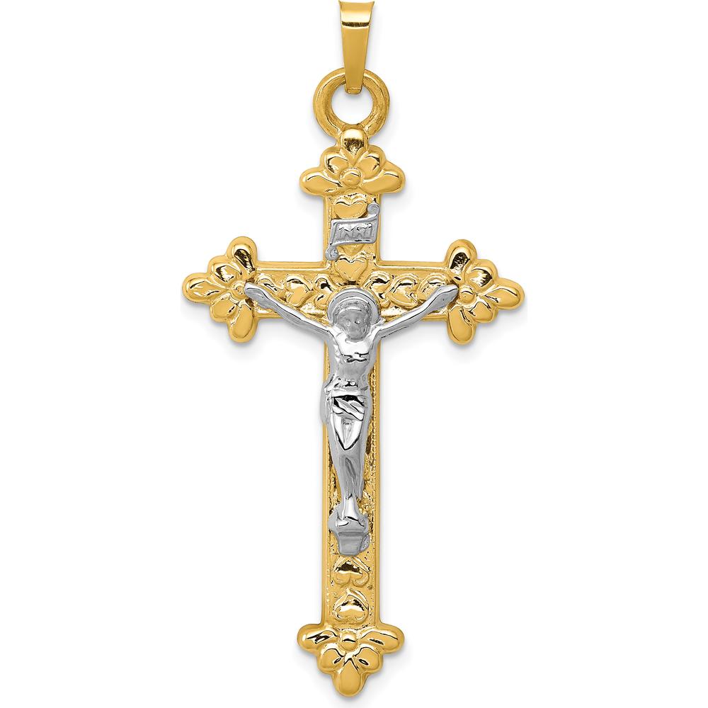 14K Two-Tone Gold INRI Hollow Crucifix Pendant - 45mm Length by Oro Pregiato