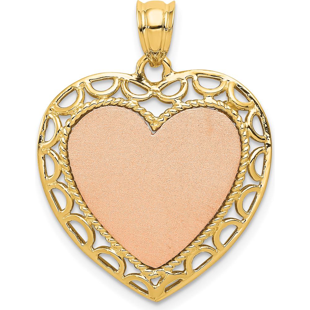 14K Two-Tone Gold Lace Frame Heart Pendant with Polished Finish - Engravable, 29.1mm Length by Oro Pregiato