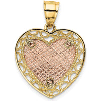14K Two-Tone Gold Lace Frame Heart Pendant with Polished Finish - Engravable, 29.1mm Length by Oro Pregiato