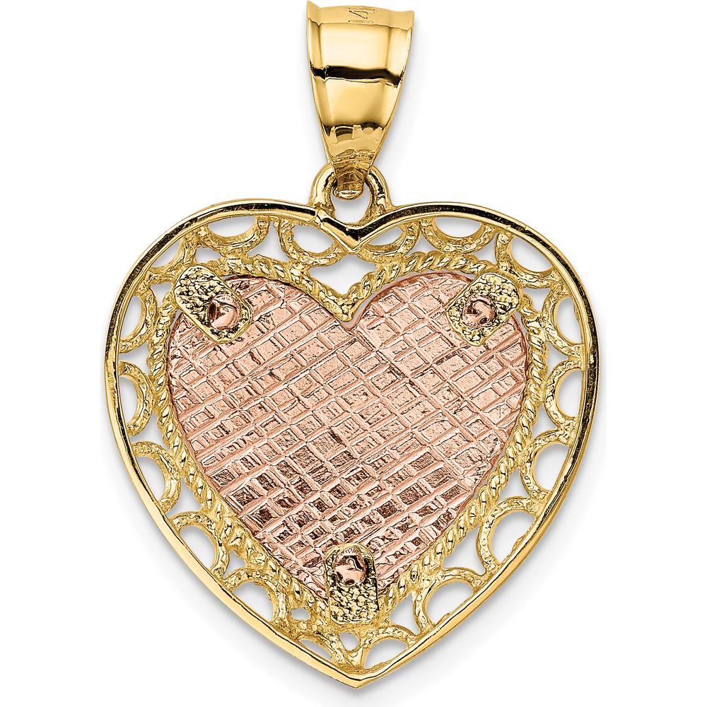 14K Two-Tone Gold Lace Frame Heart Pendant with Polished Finish - Engravable, 29.1mm Length by Oro Pregiato