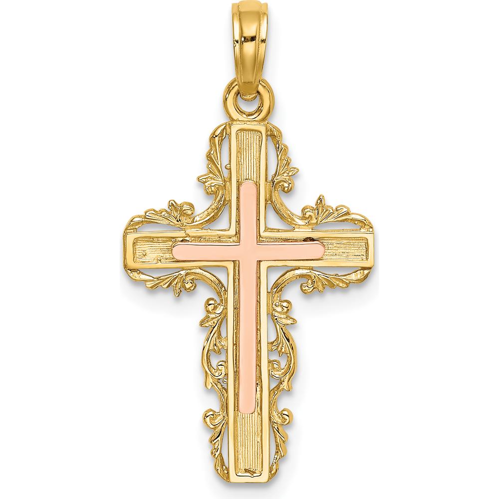 14K Two-Tone Gold Lace Trim Cross Charm - 22.4mm Length, 15mm Width by Oro Pregiato