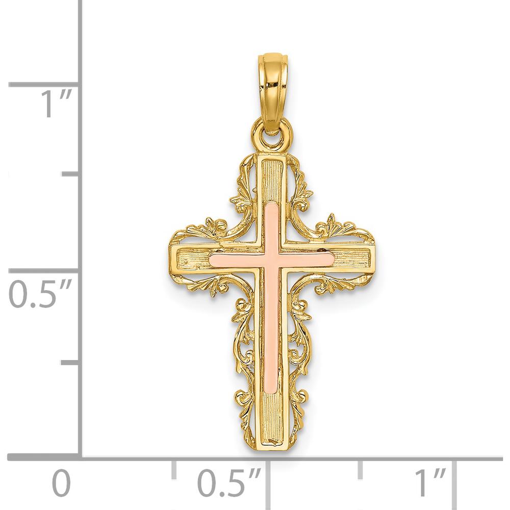 14K Two-Tone Gold Lace Trim Cross Charm - 22.4mm Length, 15mm Width by Oro Pregiato