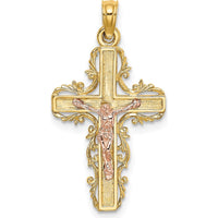 14K Two-Tone Gold Lace Trim Crucifix Pendant with Rose Gold Christ Figure by Oro Pregiato