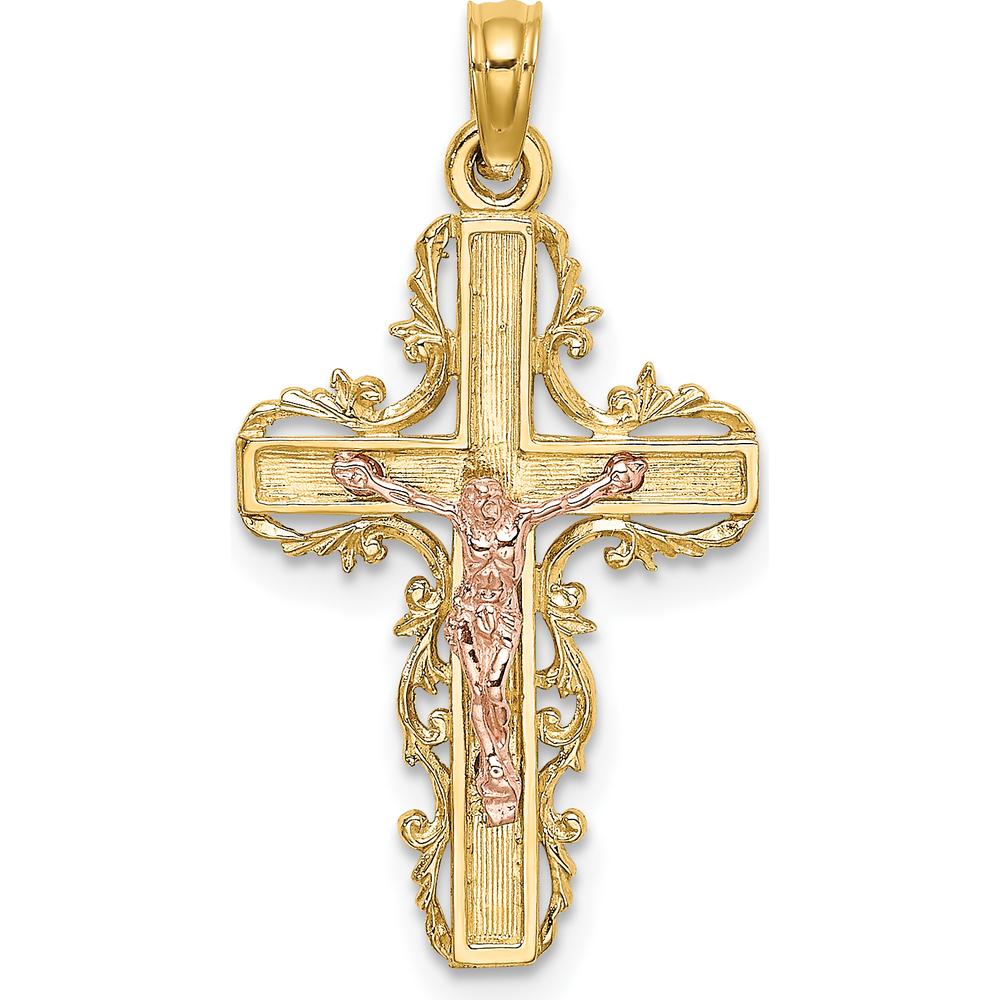 14K Two-Tone Gold Lace Trim Crucifix Pendant with Rose Gold Christ Figure by Oro Pregiato