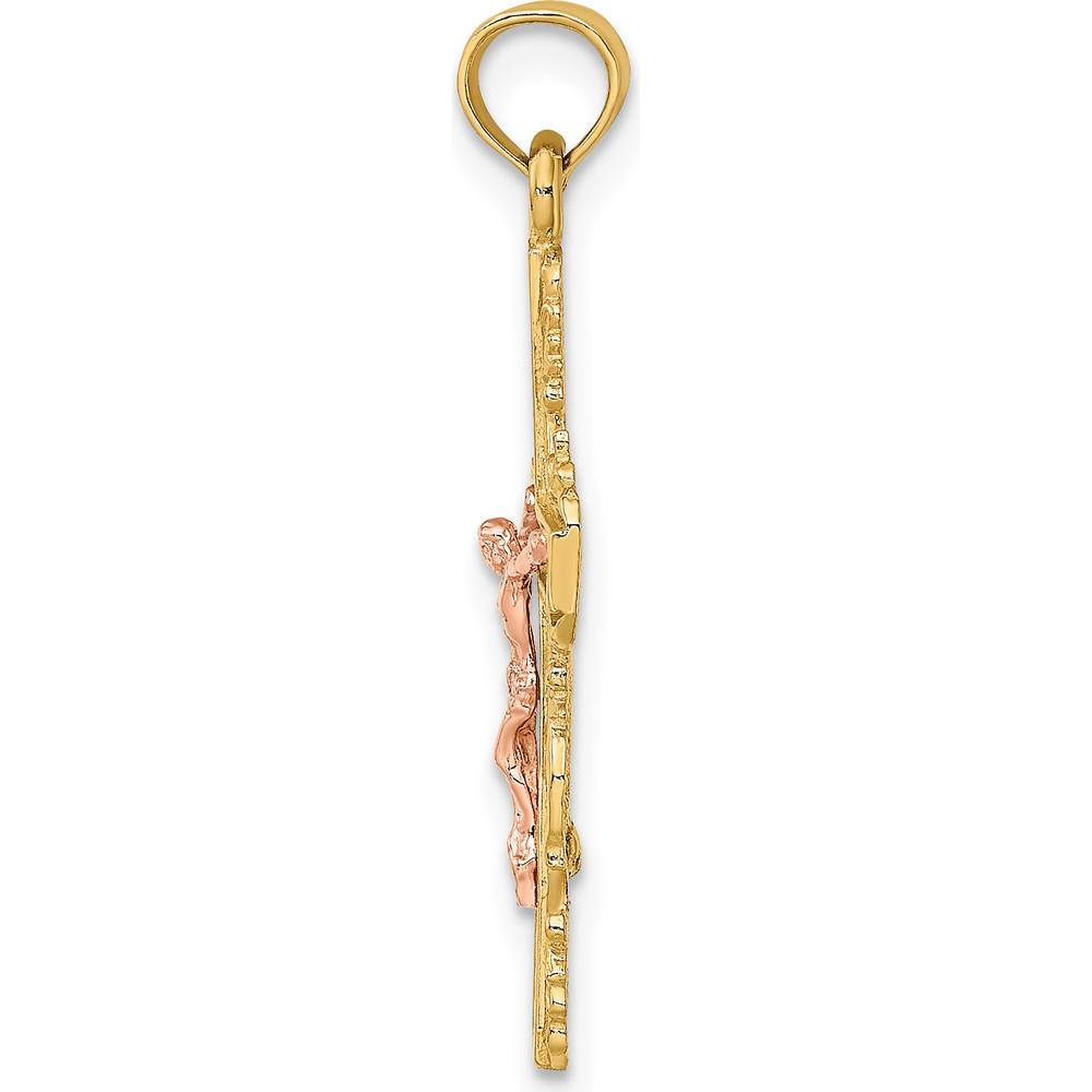14K Two-Tone Gold Lace Trim Crucifix Pendant with Rose Gold Christ Figure by Oro Pregiato