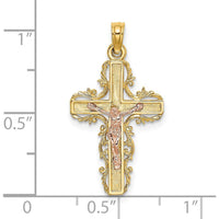 14K Two-Tone Gold Lace Trim Crucifix Pendant with Rose Gold Christ Figure by Oro Pregiato