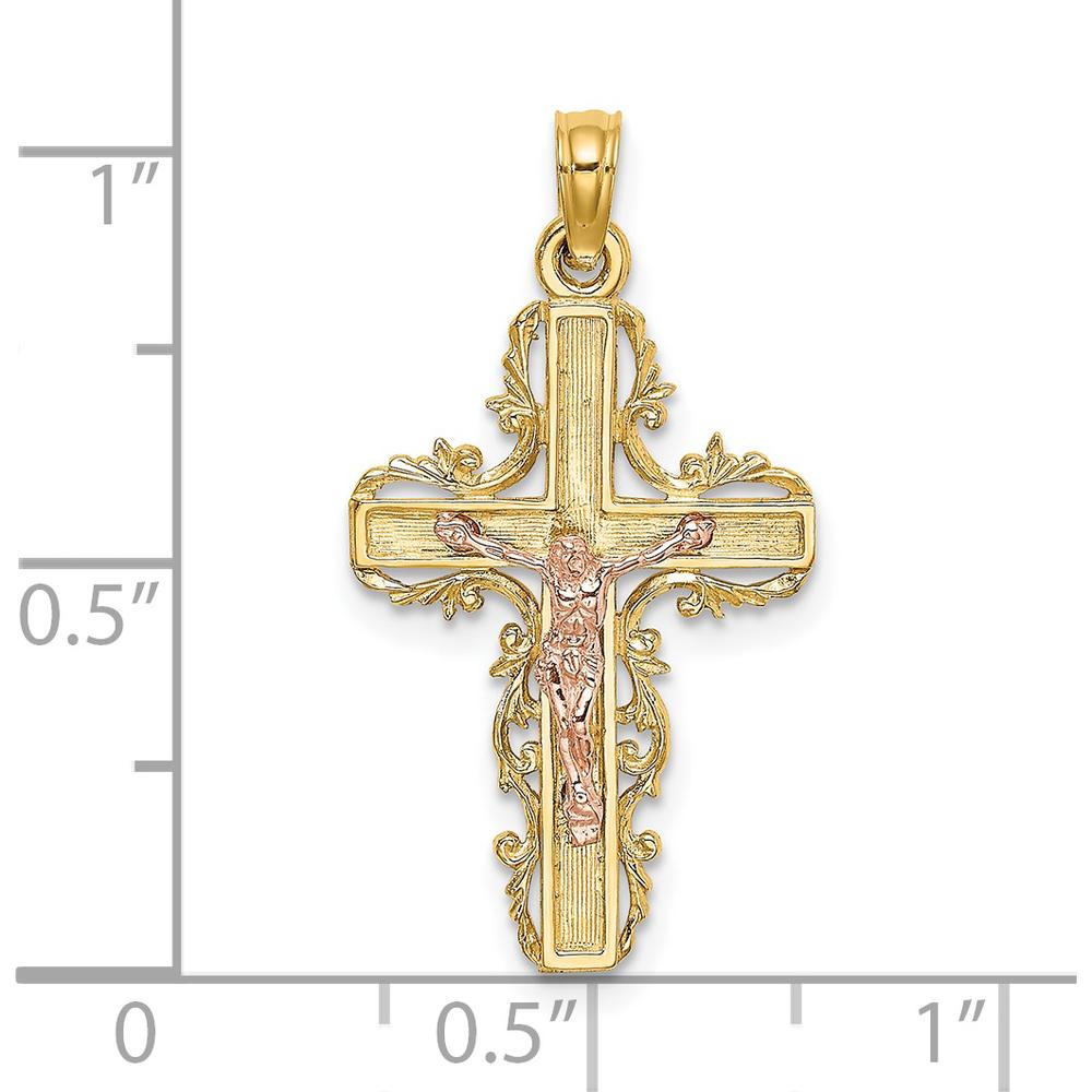 14K Two-Tone Gold Lace Trim Crucifix Pendant with Rose Gold Christ Figure by Oro Pregiato