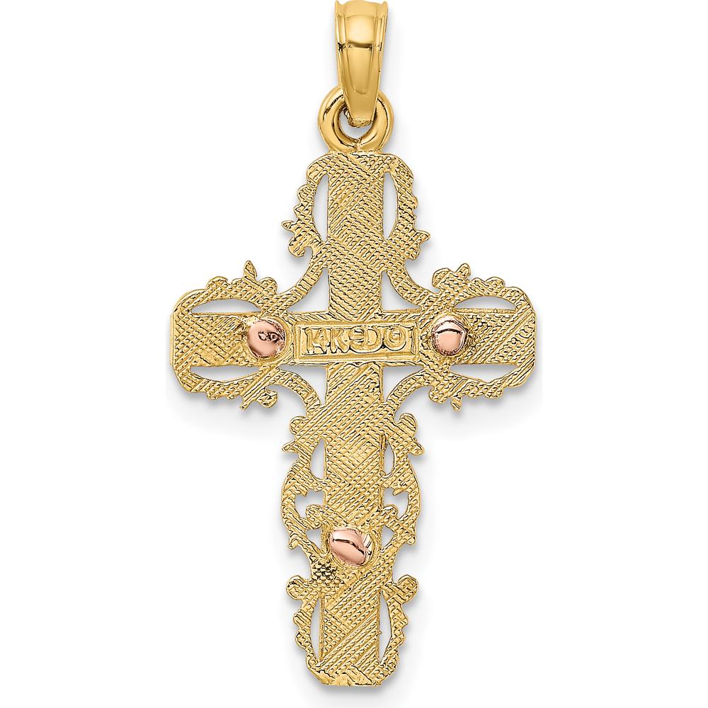 14K Two-Tone Gold Lace Trim Crucifix Pendant with Rose Gold Christ Figure by Oro Pregiato