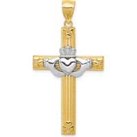 14K Two-Tone Gold Large Claddagh Cross Pendant with Textured Finish by Oro Pregiato