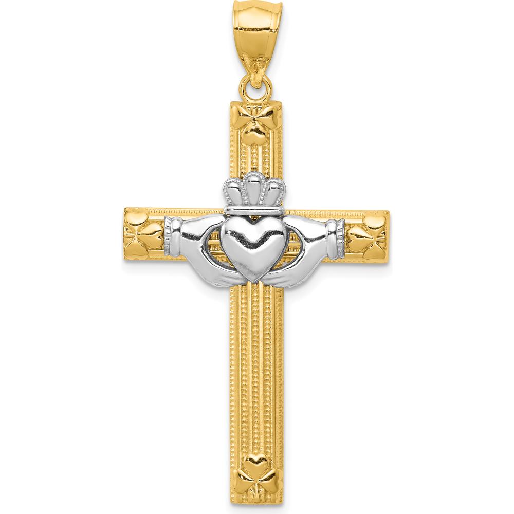 14K Two-Tone Gold Large Claddagh Cross Pendant with Textured Finish by Oro Pregiato
