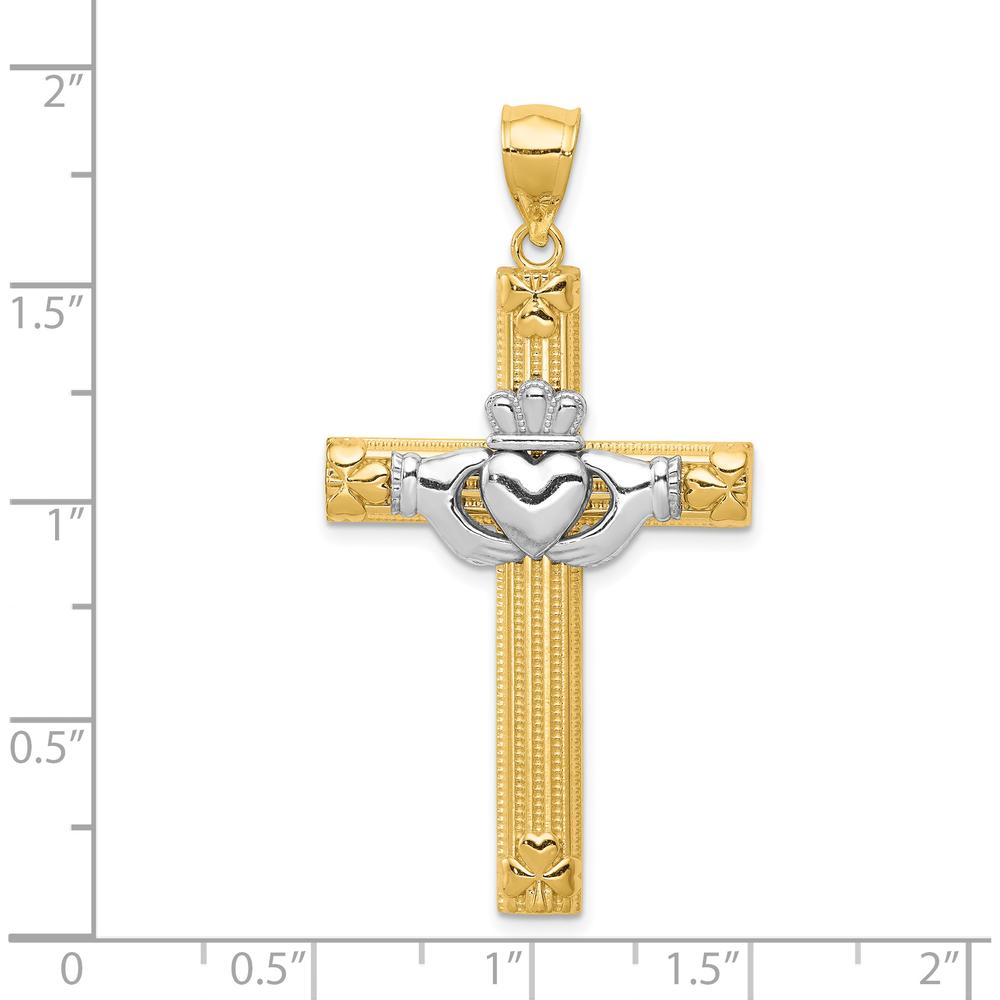 14K Two-Tone Gold Large Claddagh Cross Pendant with Textured Finish by Oro Pregiato