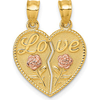 14K Two-Tone Gold Love and Roses Heart Pendant with Polished Finish by Oro Pregiato